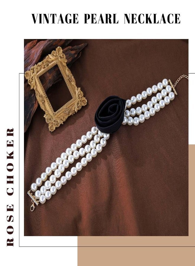 Gangel Flower Pearl Necklace Choker Layered Pearl Necklaces Vintage Faux Pearls Necklace Wedding Prom Jewelry Choker Necklace for Women (Black) - Image 2