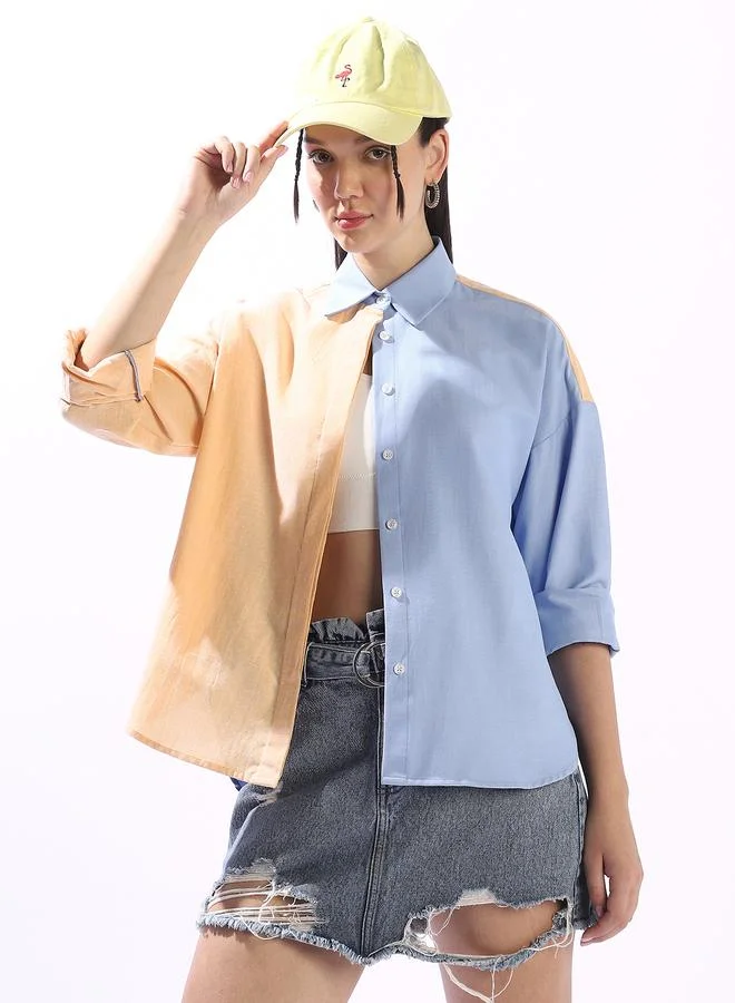 Women's Multicolour 100% Cotton Colour Blocked Button Down Oversized Shirt