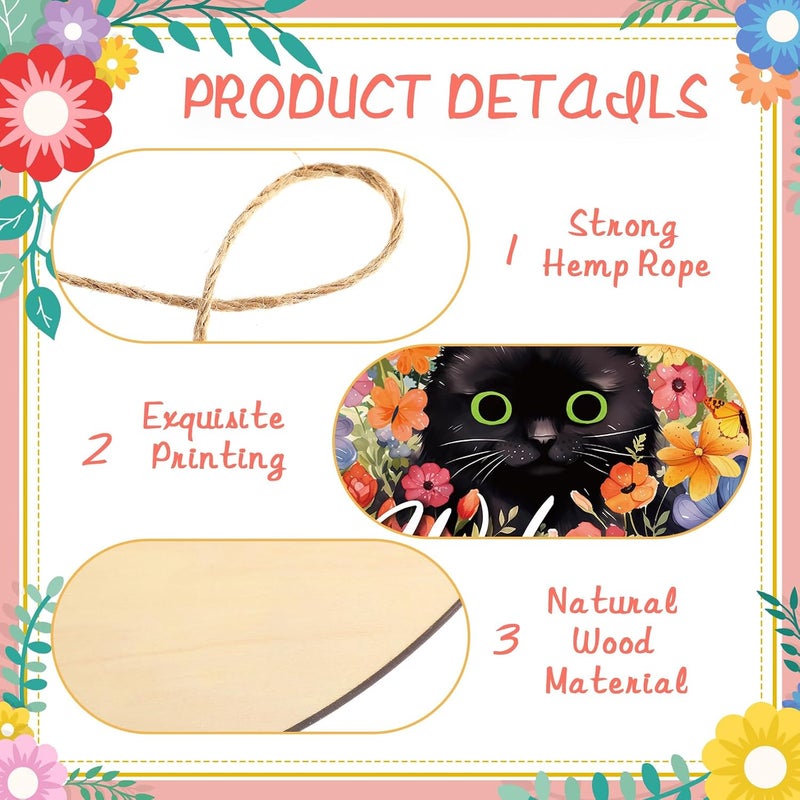 Chunful Welcome Spring Sign for Front Door Decor, Spring Daisy Flower Farmhouse Black Cat Wood Welcome Door Hanger for Outdoor Outside Porch Rustic Wooden Wreath Wall Hanging Decoration - Image 4