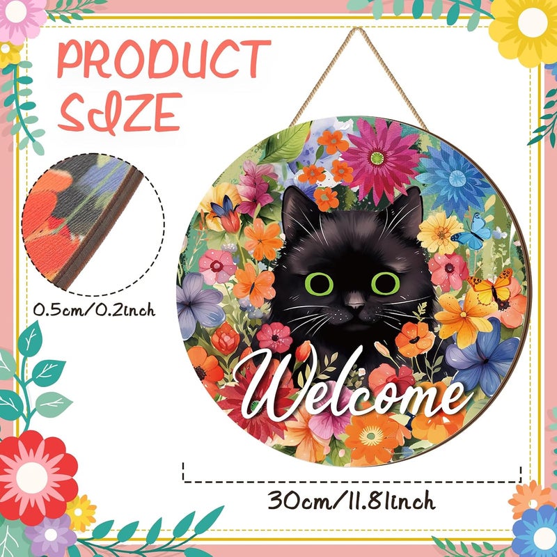 Chunful Welcome Spring Sign for Front Door Decor, Spring Daisy Flower Farmhouse Black Cat Wood Welcome Door Hanger for Outdoor Outside Porch Rustic Wooden Wreath Wall Hanging Decoration - Image 2