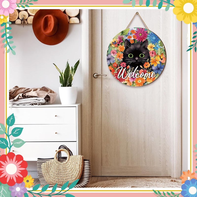 Chunful Welcome Spring Sign for Front Door Decor, Spring Daisy Flower Farmhouse Black Cat Wood Welcome Door Hanger for Outdoor Outside Porch Rustic Wooden Wreath Wall Hanging Decoration - Image 5
