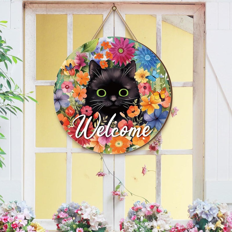 Chunful Welcome Spring Sign for Front Door Decor, Spring Daisy Flower Farmhouse Black Cat Wood Welcome Door Hanger for Outdoor Outside Porch Rustic Wooden Wreath Wall Hanging Decoration - Image 3