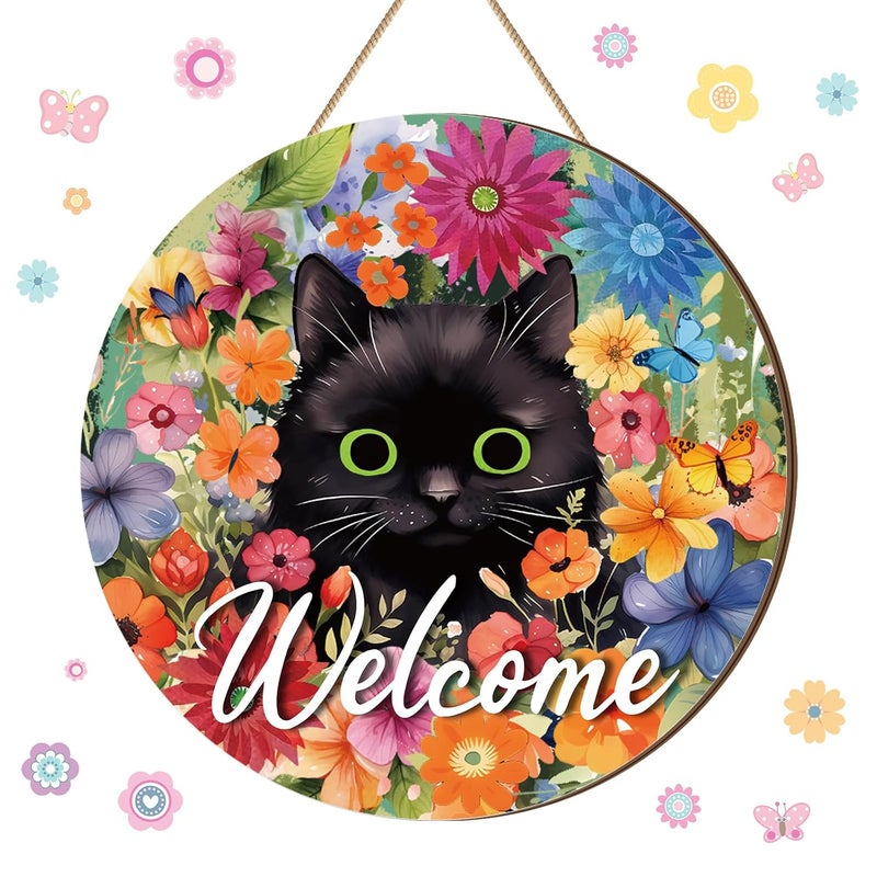 Chunful Welcome Spring Sign for Front Door Decor, Spring Daisy Flower Farmhouse Black Cat Wood Welcome Door Hanger for Outdoor Outside Porch Rustic Wooden Wreath Wall Hanging Decoration - Image 1