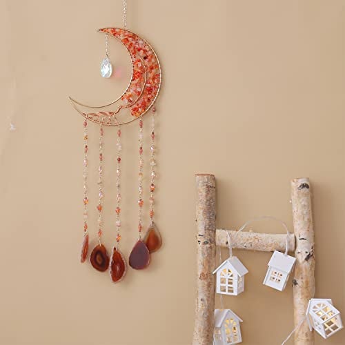 Dreamsum Agate Moon Dream Catchers with Crystal 7 Chakra Gemstone Dream Catchers Color Natural Gem Agate Wall Hangings Room Garden Dreamcatchers Decor (Orange) - Image 5
