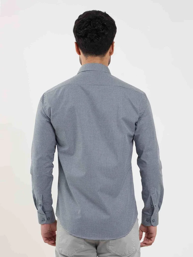Dufy Blue Men's Slim Fit Patterned Brent Collar Long Sleeve Shirt - 102529