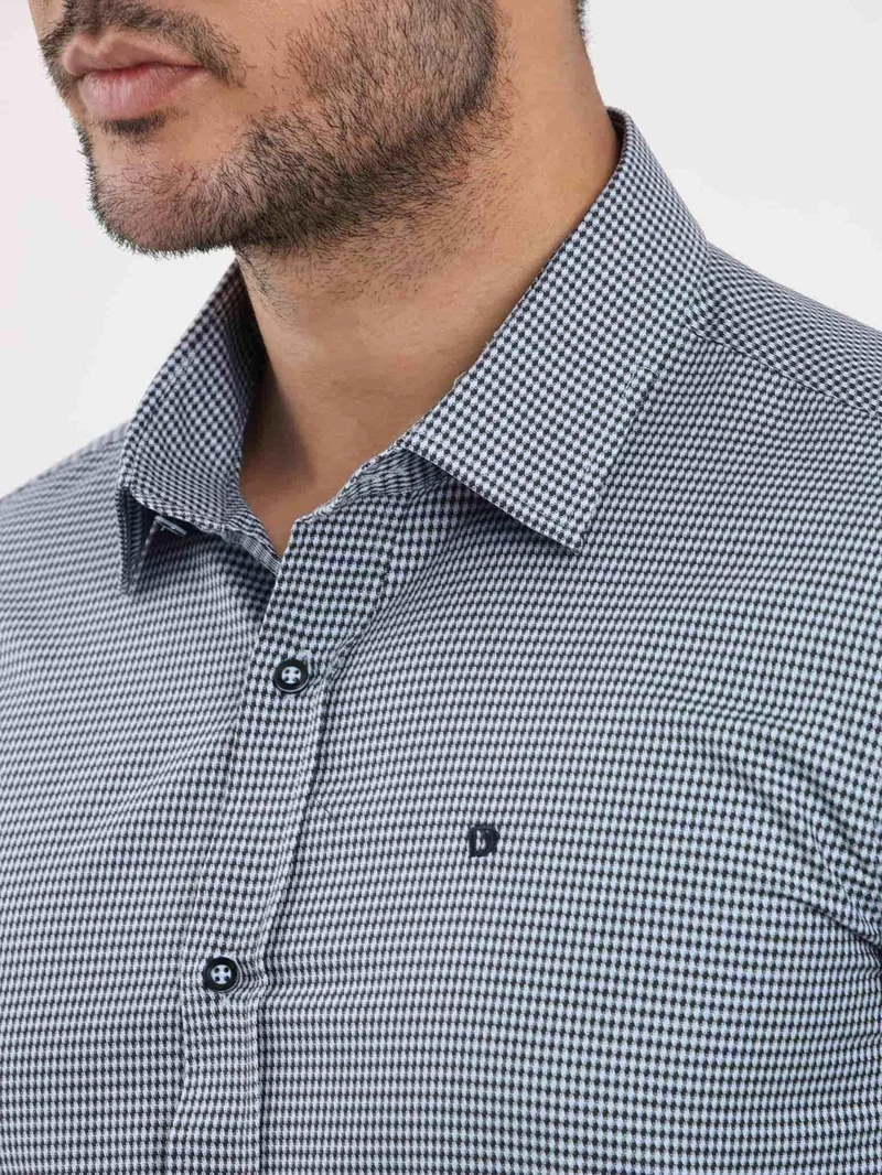 Dufy Blue Men's Slim Fit Patterned Brent Collar Long Sleeve Shirt - 102529