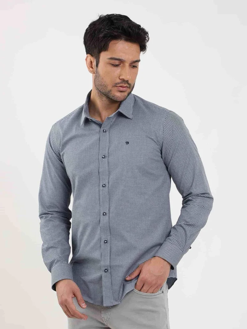 Dufy Blue Men's Slim Fit Patterned Brent Collar Long Sleeve Shirt - 102529