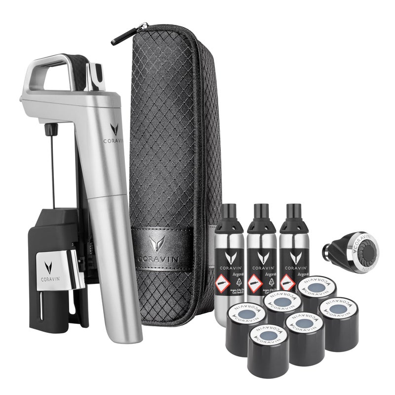 Coravin Coravin Timeless Six Plus Wine Preservation System - By-the-Glass Wine Saver - With 3 Pure Argon Gas Capsules, 6 Screw Caps & Wine Aerator - Silver  - Image 1