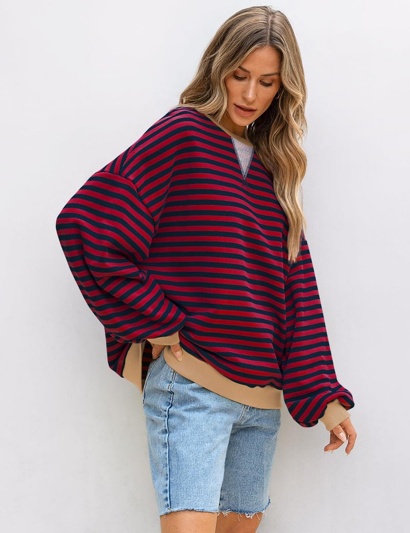 UEU Oversized Striped Sweatshirt for Women Color Block Crewneck Long Sleeve Casual Cotton Pullover Top Y2K Clothes Red Navy Striped XX-Large - Image 4