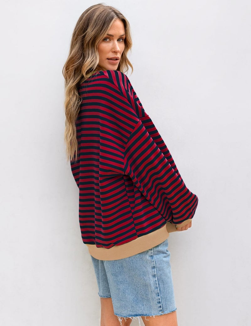 UEU Oversized Striped Sweatshirt for Women Color Block Crewneck Long Sleeve Casual Cotton Pullover Top Y2K Clothes Red Navy Striped XX-Large - Image 5