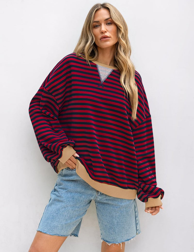 UEU Oversized Striped Sweatshirt for Women Color Block Crewneck Long Sleeve Casual Cotton Pullover Top Y2K Clothes Red Navy Striped XX-Large - Image 2