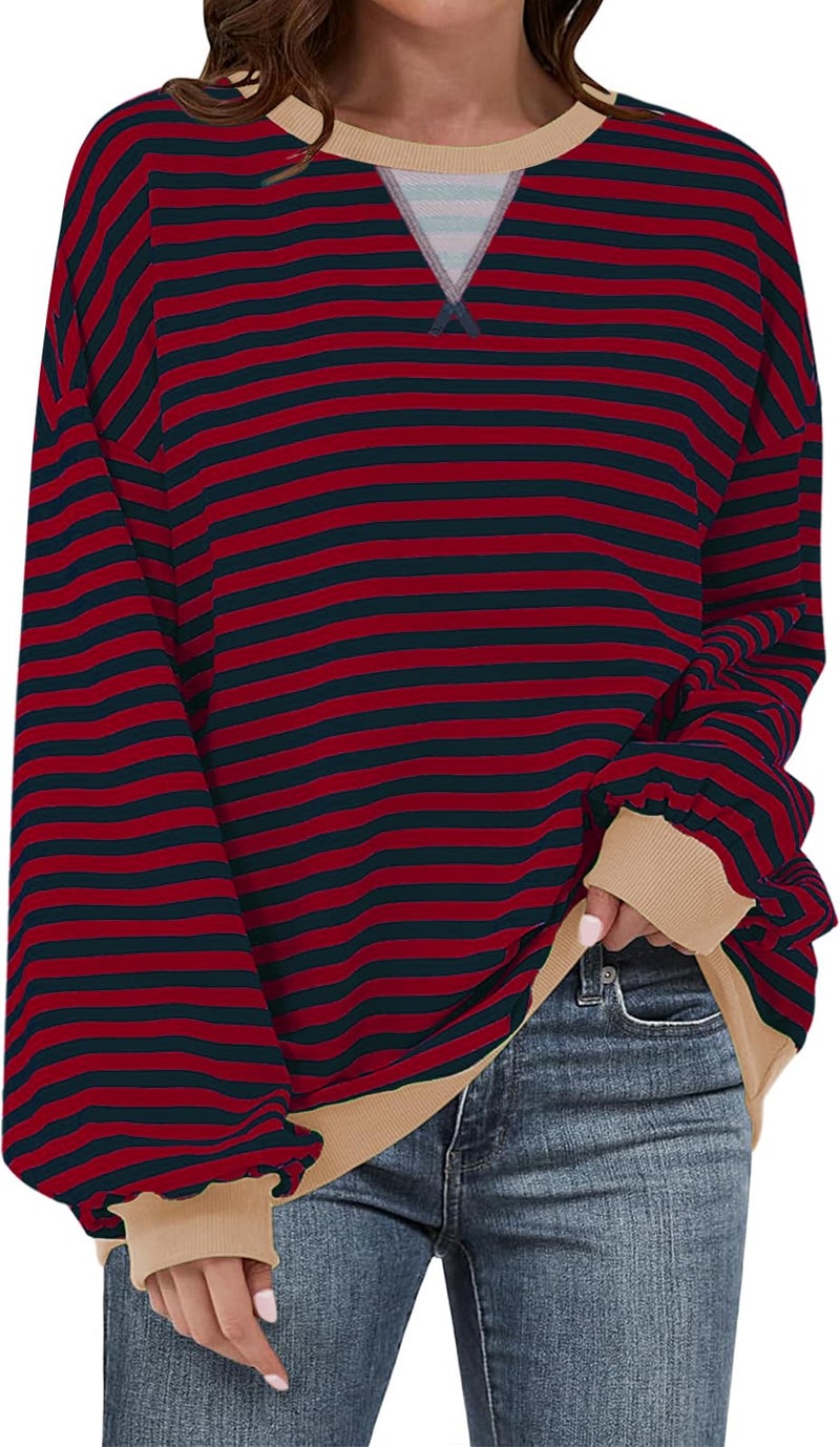 UEU Oversized Striped Sweatshirt for Women Color Block Crewneck Long Sleeve Casual Cotton Pullover Top Y2K Clothes Red Navy Striped XX-Large - Image 1