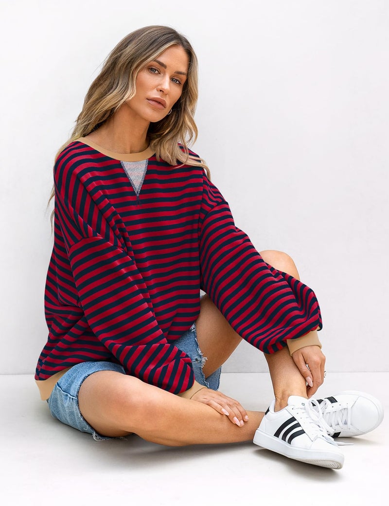 UEU Oversized Striped Sweatshirt for Women Color Block Crewneck Long Sleeve Casual Cotton Pullover Top Y2K Clothes Red Navy Striped XX-Large - Image 3