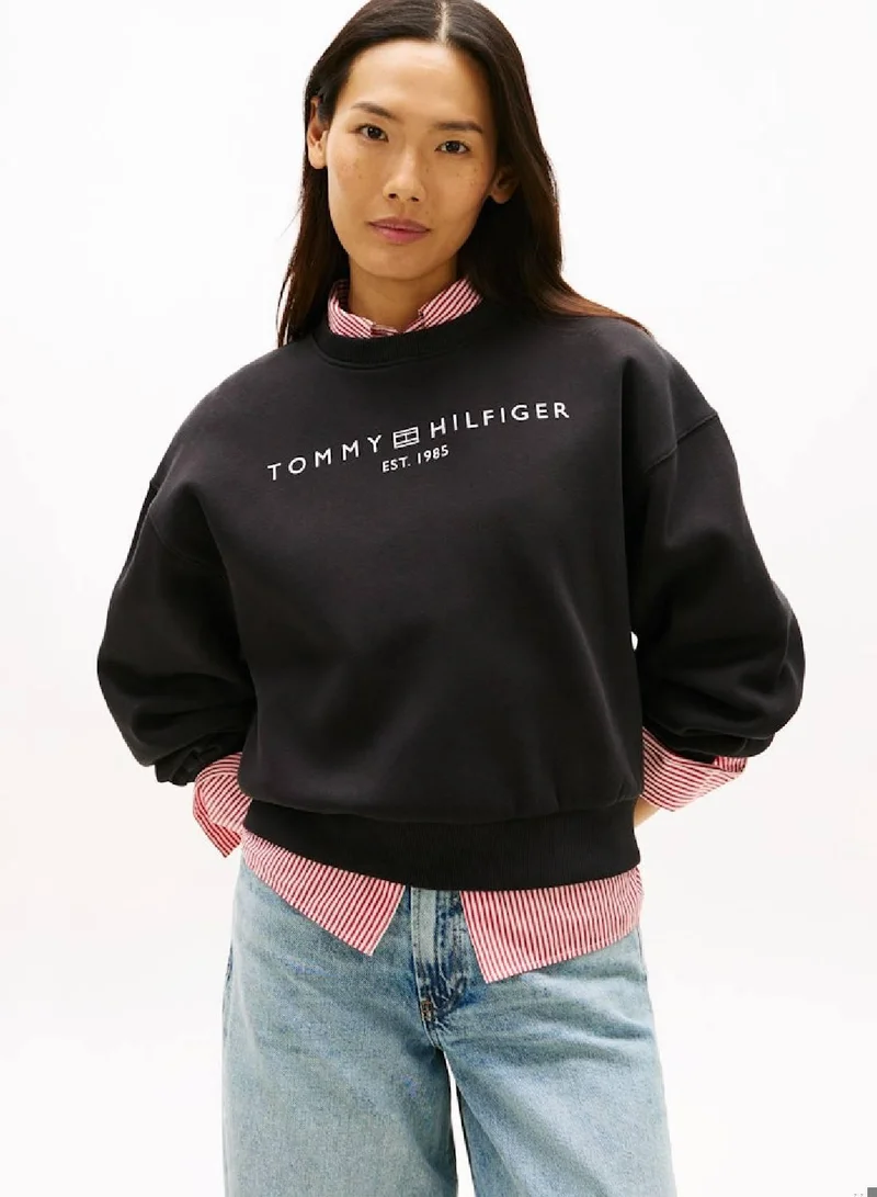Tommy Hilfiger Black Flex Fleece Relaxed Crew Neck Sweatshirt for Women | Best Price UAE