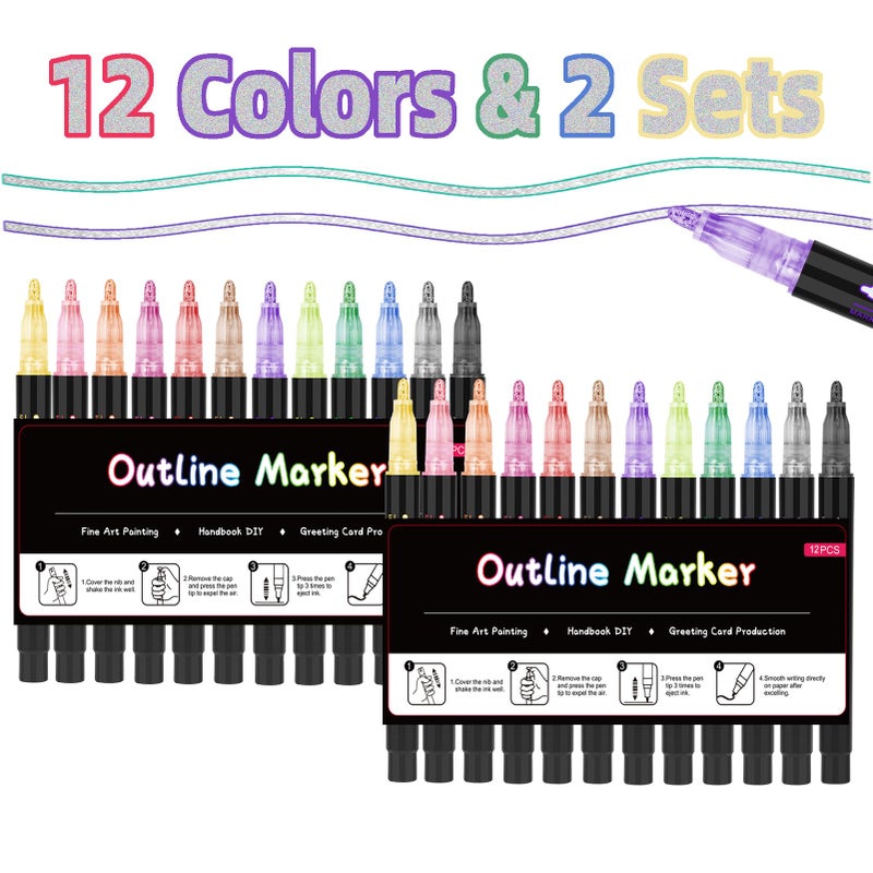 OLINGYOU 24 Pack Double Line Outline Markers, Squiggles Shimmer Markers Set, Self Outline Metallic Glitter Marker Pens for Christmas,Art, Drawing, Writing, Greeting Cards, DIY, Scrapbook, Easter Eggs - Image 2