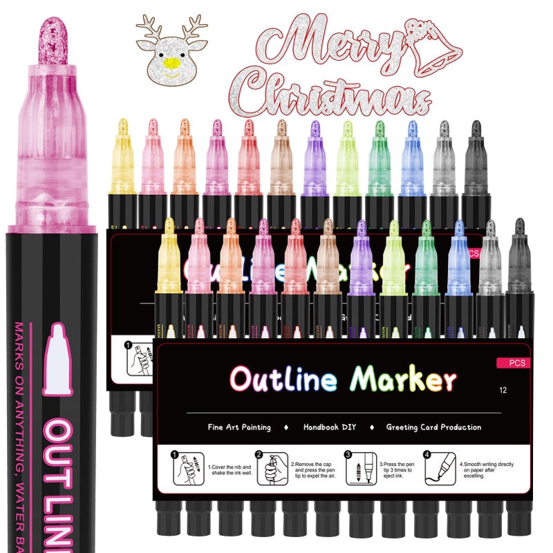 OLINGYOU 24 Pack Double Line Outline Markers, Squiggles Shimmer Markers Set, Self Outline Metallic Glitter Marker Pens for Christmas,Art, Drawing, Writing, Greeting Cards, DIY, Scrapbook, Easter Eggs - Image 1