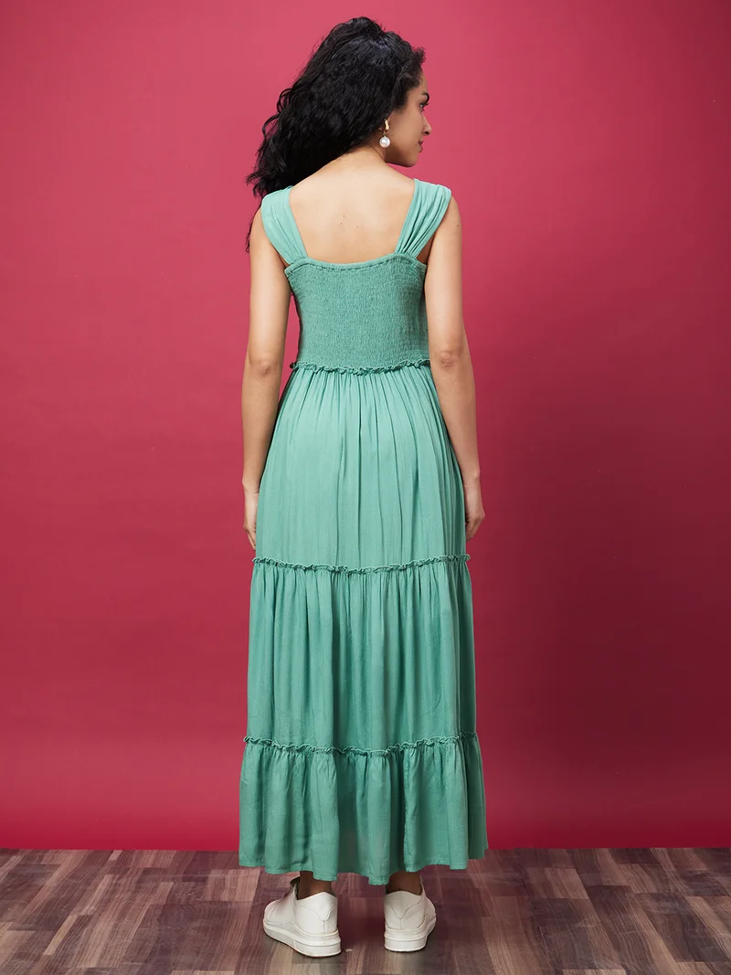 globus Women Green Shoulder Straps Smocked Tiered Fit & Flare Maxi Dress