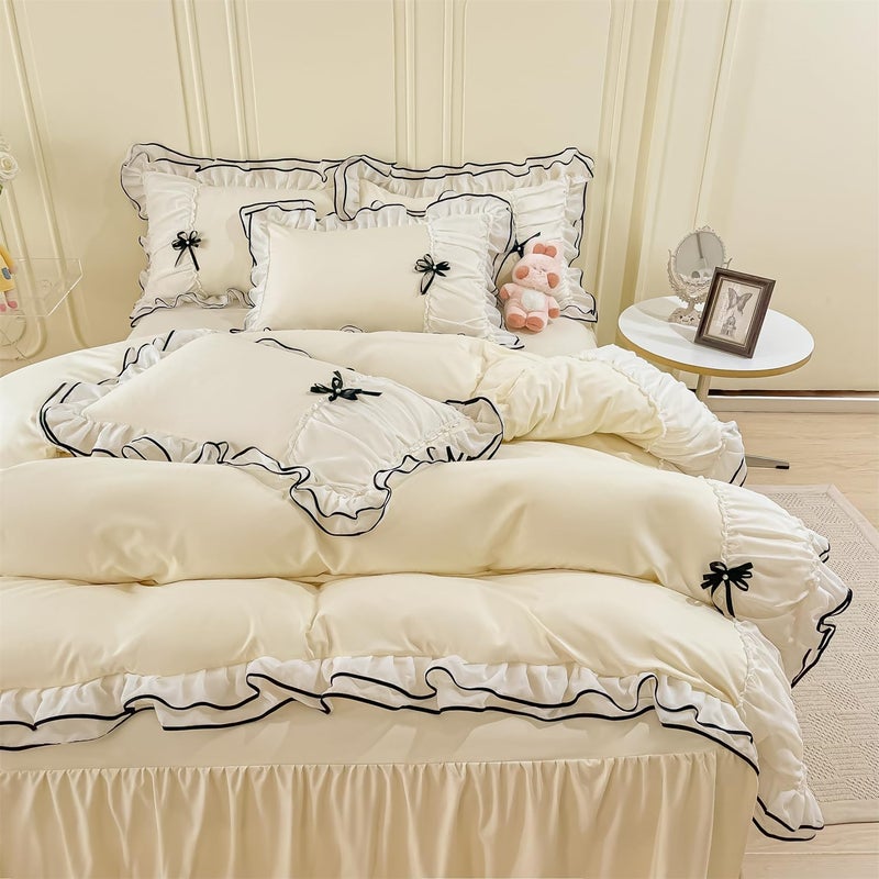 IHOUSTRIY Kid's Duvet Cover Twin Size, Ruffle Beddding Set with Bowtie, 2 Pieces Comforter Cover Set with Zipper Closure, Girl Bedding with Pillowcase - Cream Yellow, Twin - Image 2