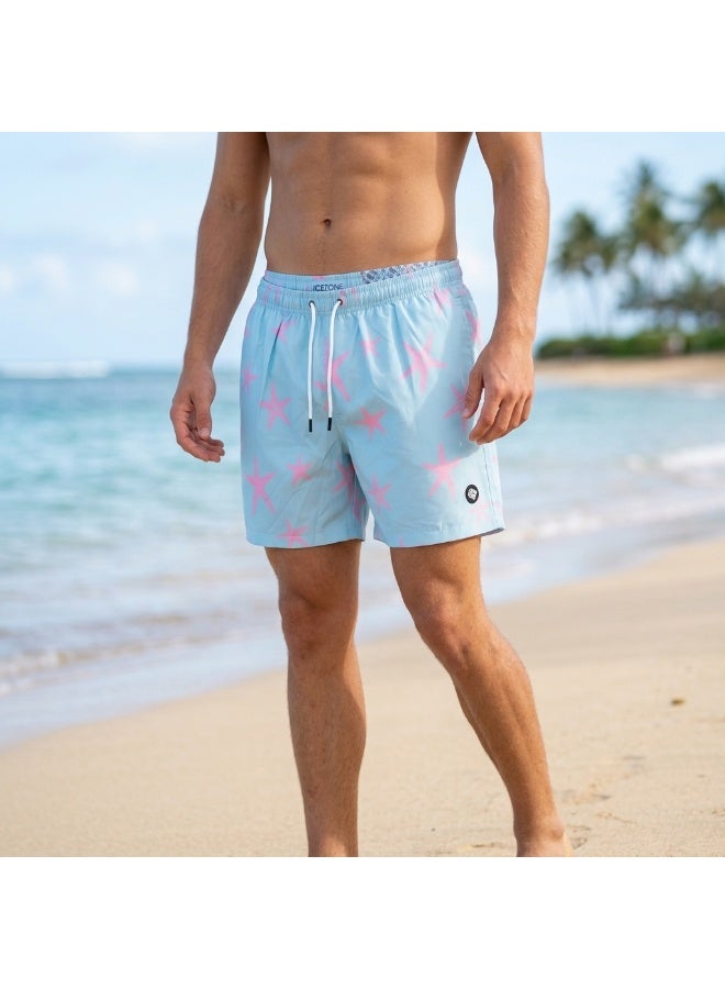 IceZone Men's Quick Dry Swim Trunks with Starfish Blush Mint Print and Mesh Liner - Image 1