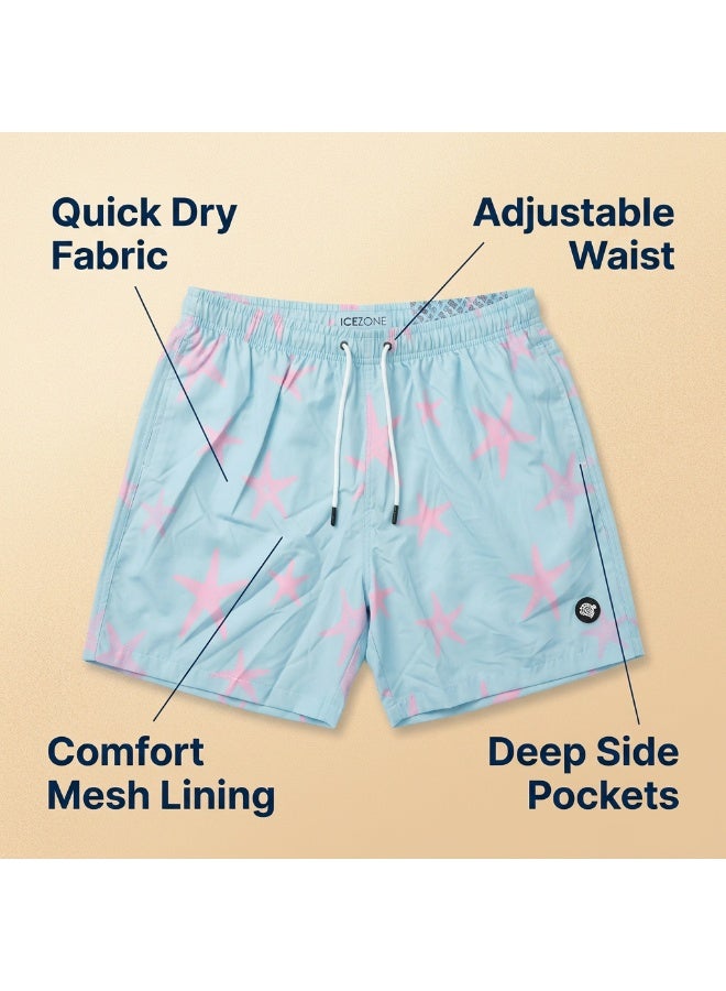 IceZone Men's Quick Dry Swim Trunks with Starfish Blush Mint Print and Mesh Liner - Image 2