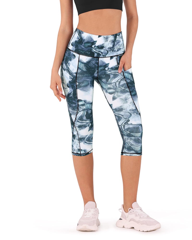 ODODOS Women's High Waisted Pattern Yoga Capri Leggings with Pockets, Tummy Control Non See Through Sports Athletic Workout Running Capris, CrosstalkNavy, XX-Large - Image 1