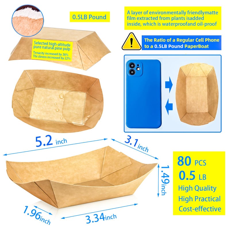 MotBach 80 Pack 1/2Lb Paper Food Boat Trays Disposable Small Paper Boats Plates Containers, 0.5Lb Mini Kraft Food Serving Boat Tray Bowl for Snack Dessert Popcorn Sauce BBQ Fries Taco Nacho - Image 2