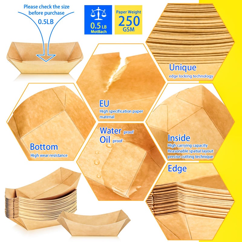 MotBach 80 Pack 1/2Lb Paper Food Boat Trays Disposable Small Paper Boats Plates Containers, 0.5Lb Mini Kraft Food Serving Boat Tray Bowl for Snack Dessert Popcorn Sauce BBQ Fries Taco Nacho - Image 3