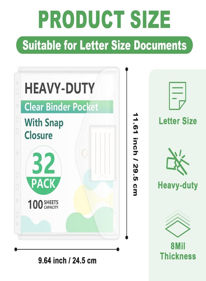 HOUYEE 32 Pack Clear Binder Pocket, 11 Holes Heavy-Duty Plastic Binder Pouch with Snap Closure for 2/3/4 Ring Binder, Clear Binder Folders for School Office, 8 Mil,100 Sheet Capacity, Letter Size - Image 2