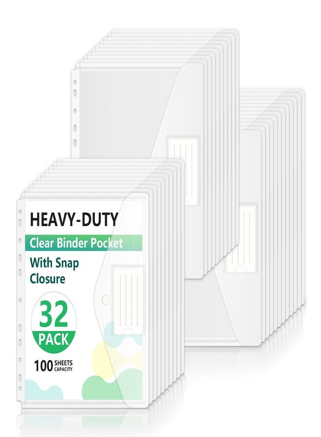 HOUYEE 32 Pack Clear Binder Pocket, 11 Holes Heavy-Duty Plastic Binder Pouch with Snap Closure for 2/3/4 Ring Binder, Clear Binder Folders for School Office, 8 Mil,100 Sheet Capacity, Letter Size - Image 1