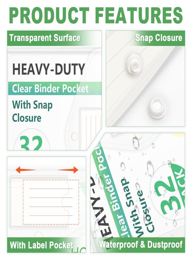HOUYEE 32 Pack Clear Binder Pocket, 11 Holes Heavy-Duty Plastic Binder Pouch with Snap Closure for 2/3/4 Ring Binder, Clear Binder Folders for School Office, 8 Mil,100 Sheet Capacity, Letter Size - Image 4