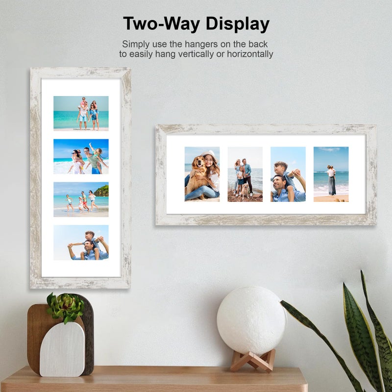 Hongkee 8x20 Picture Frame Set of 2, Distressed White Wood Frame with Tempered Glass Collage Frame, Display Pictures Four 4x6 With Mat or 8 x 20 Without Mat - Horizontal or Vertical Wall Mounting - Image 3