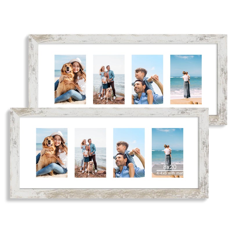 Hongkee 8x20 Picture Frame Set of 2, Distressed White Wood Frame with Tempered Glass Collage Frame, Display Pictures Four 4x6 With Mat or 8 x 20 Without Mat - Horizontal or Vertical Wall Mounting - Image 1