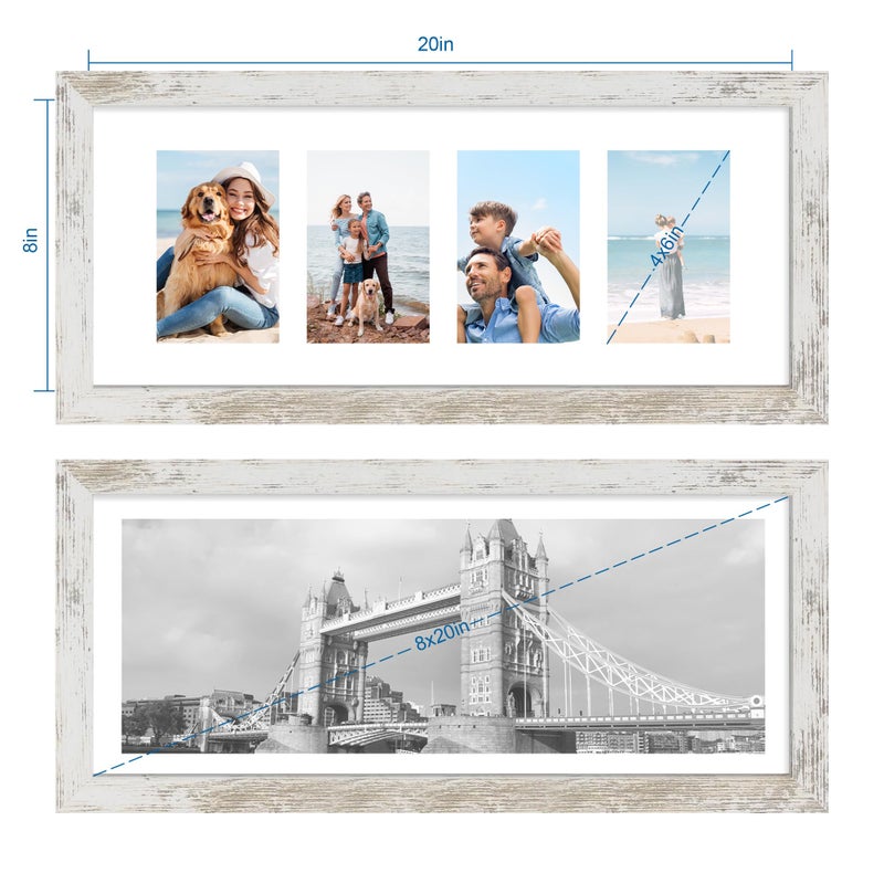 Hongkee 8x20 Picture Frame Set of 2, Distressed White Wood Frame with Tempered Glass Collage Frame, Display Pictures Four 4x6 With Mat or 8 x 20 Without Mat - Horizontal or Vertical Wall Mounting - Image 2