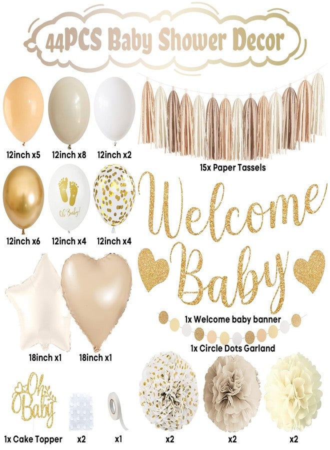 Paeyeq Neutral Gold Baby Shower Decorations for Boys Girls, Boho Welcome Baby Banner Gold Cream Beige Sand White Confetti Latex Balloons Oh-Baby Cake Topper Pom Poms for Baby-Shower Birthday Party Decoration - Image 2