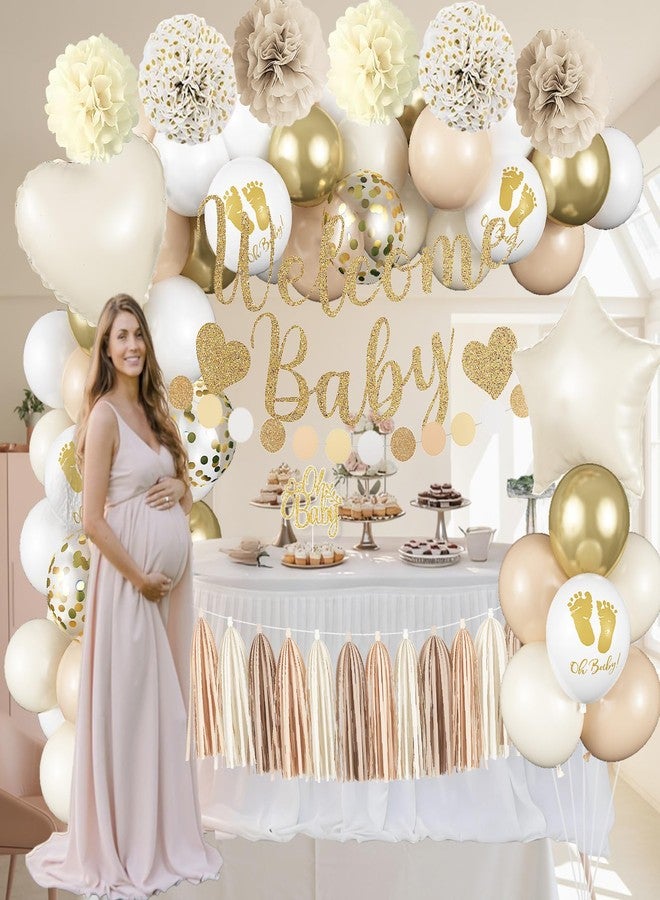 Paeyeq Neutral Gold Baby Shower Decorations for Boys Girls, Boho Welcome Baby Banner Gold Cream Beige Sand White Confetti Latex Balloons Oh-Baby Cake Topper Pom Poms for Baby-Shower Birthday Party Decoration - Image 3
