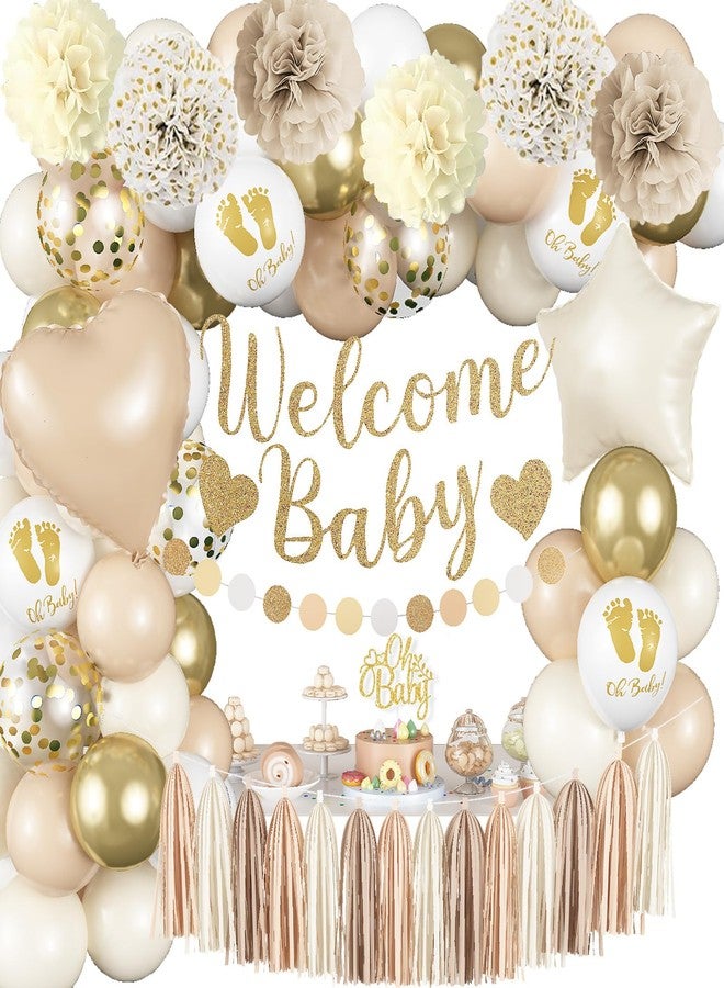 Paeyeq Neutral Gold Baby Shower Decorations for Boys Girls, Boho Welcome Baby Banner Gold Cream Beige Sand White Confetti Latex Balloons Oh-Baby Cake Topper Pom Poms for Baby-Shower Birthday Party Decoration - Image 1
