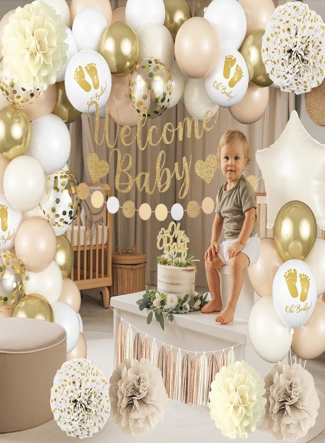 Paeyeq Neutral Gold Baby Shower Decorations for Boys Girls, Boho Welcome Baby Banner Gold Cream Beige Sand White Confetti Latex Balloons Oh-Baby Cake Topper Pom Poms for Baby-Shower Birthday Party Decoration - Image 4