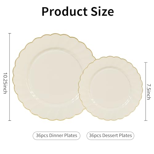 ISFANGCO 72PCS Ivory Scalloped Plastic Plates for 36 Guests, Elegant Fancy Disposable Plate with Gold Rim for Wedding Party, 36 Dinner Plates, 36 Dessert Plate for for Party, Bridal Showers - Image 3