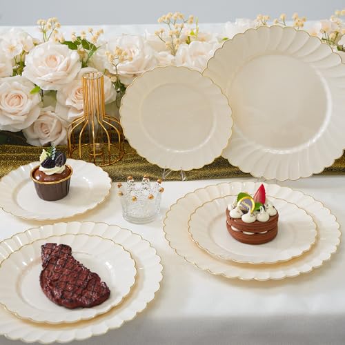 ISFANGCO 72PCS Ivory Scalloped Plastic Plates for 36 Guests, Elegant Fancy Disposable Plate with Gold Rim for Wedding Party, 36 Dinner Plates, 36 Dessert Plate for for Party, Bridal Showers - Image 2