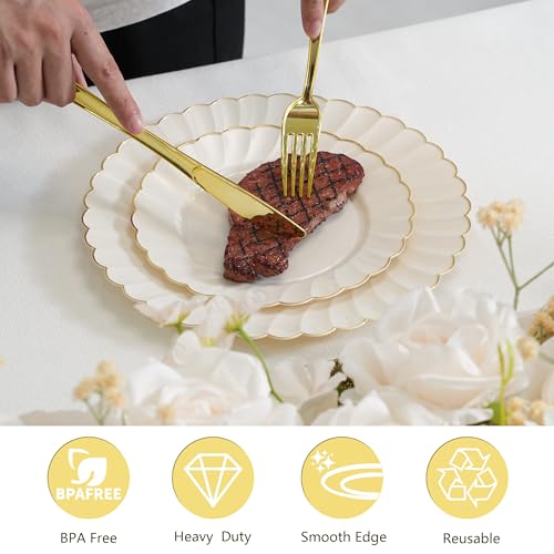 ISFANGCO 72PCS Ivory Scalloped Plastic Plates for 36 Guests, Elegant Fancy Disposable Plate with Gold Rim for Wedding Party, 36 Dinner Plates, 36 Dessert Plate for for Party, Bridal Showers - Image 4