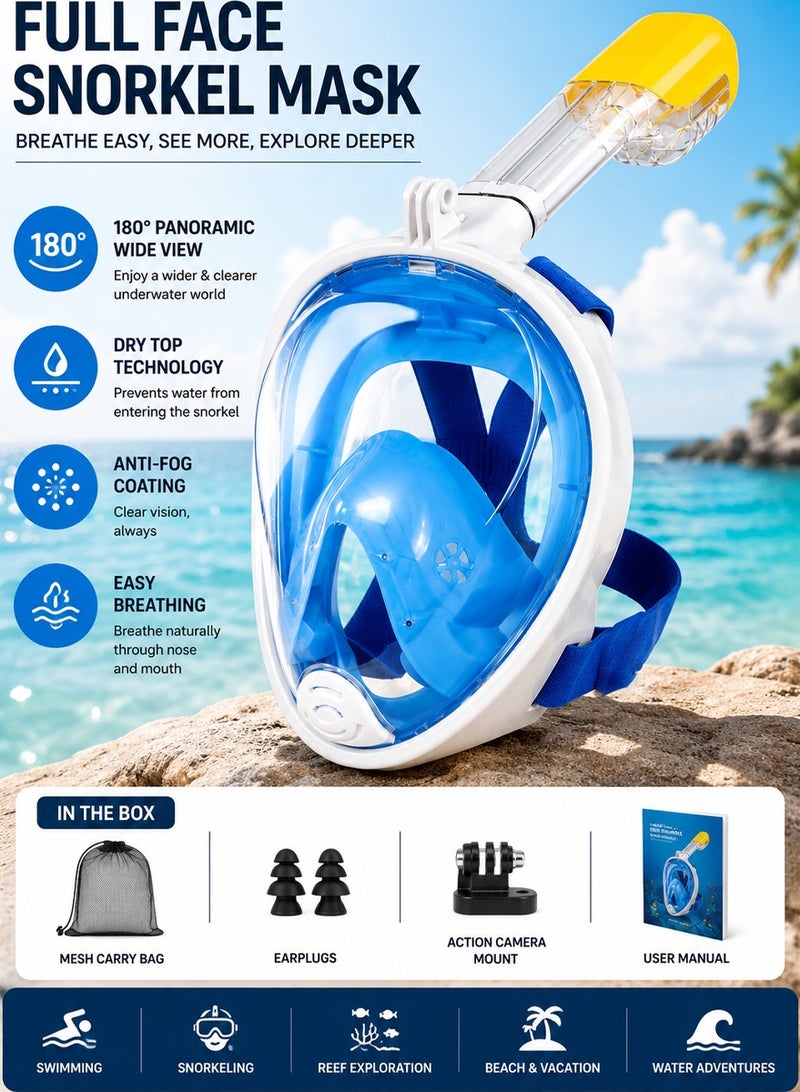 QUTOOB Full Face Snorkel Mask | Anti Fog & 180° Panoramic Wide View | Dry Top Diving Mask for Swimming, Snorkeling & Underwater Exploration | Breathing Snorkeling Mask - Image 2