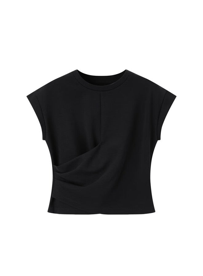 Waxbird Taipingniao Women's Short-sleeve T-shirt With Flutter Sleeves, Summer Fit Short Simple Commuter Top With Twist Tie, Black 1 S - Image 3
