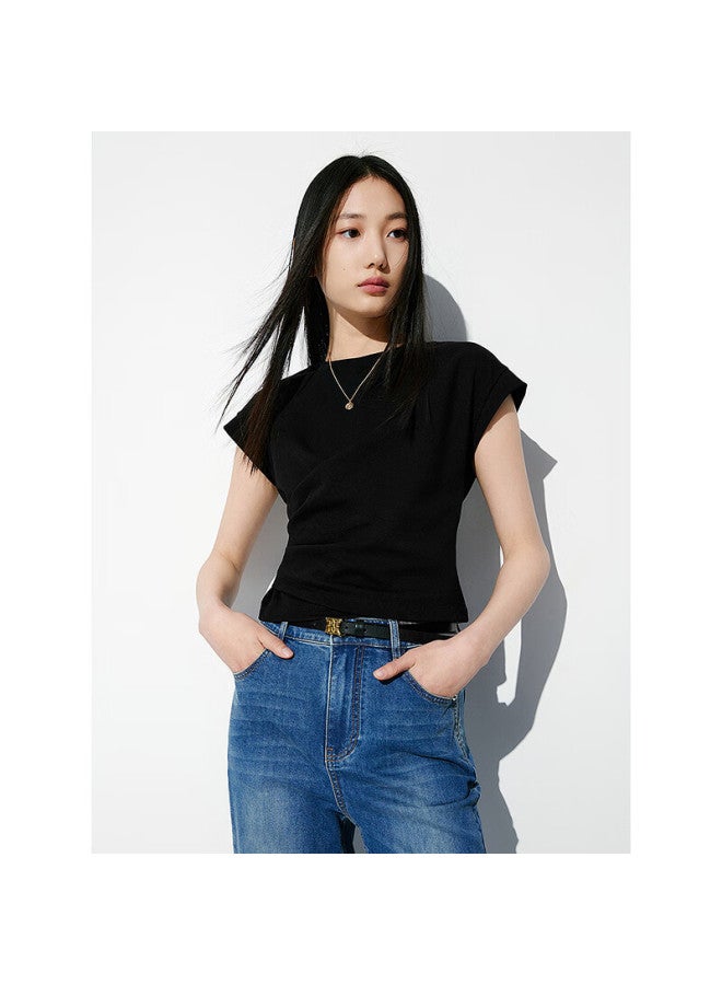 Waxbird Taipingniao Women's Short-sleeve T-shirt With Flutter Sleeves, Summer Fit Short Simple Commuter Top With Twist Tie, Black 1 S - Image 1