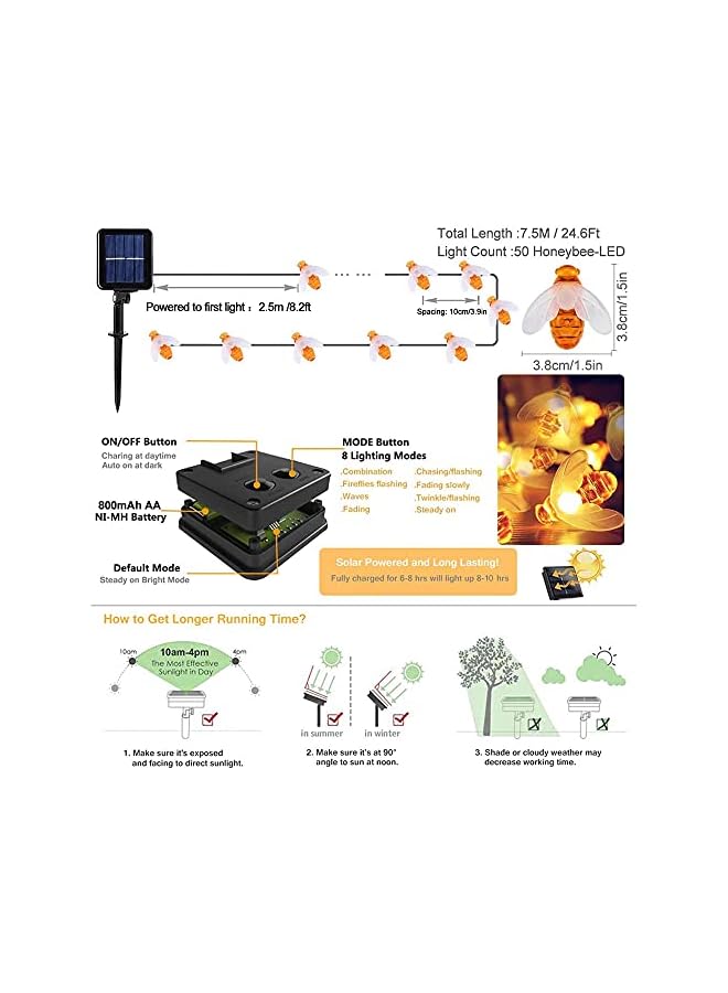 The Bros solar garden lights, bee fairy tale string lights, outdoor/indoor garden lighting, suitable for flower fences, lawns, courtyards, festoons, summer parties, (warm white) [Energy Class A++] - Image 3