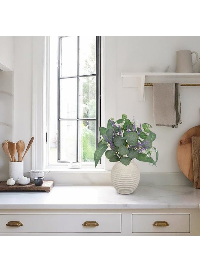 Briful Artificial Eucalyptus and Lavender Arrangement in White Ceramic Vase – 14.5'' Tall Faux Plant with Silver Dollar, Willow Eucalyptus – Horizontal Stripe Pot for Home Décor, Office, Shelf - Image 3