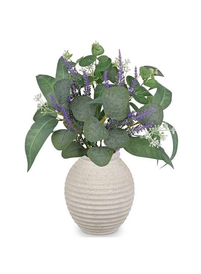 Briful Artificial Eucalyptus and Lavender Arrangement in White Ceramic Vase – 14.5'' Tall Faux Plant with Silver Dollar, Willow Eucalyptus – Horizontal Stripe Pot for Home Décor, Office, Shelf - Image 1