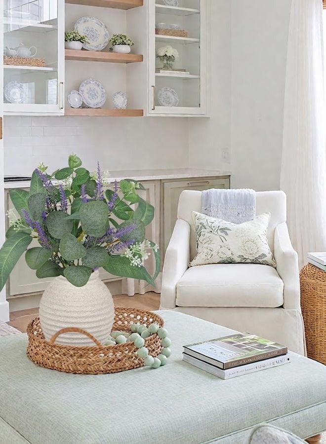 Briful Artificial Eucalyptus and Lavender Arrangement in White Ceramic Vase – 14.5'' Tall Faux Plant with Silver Dollar, Willow Eucalyptus – Horizontal Stripe Pot for Home Décor, Office, Shelf - Image 2