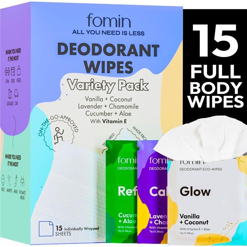 FOMIN Travel Deodorant Wipes - 15 Count - Variety Pack - pH Balanced, Hypoallergenic Mini Deodorant Wipes For Women and Men - Plastic-Free, Individually Wrapped Underarm & Body Wipe - Image 1