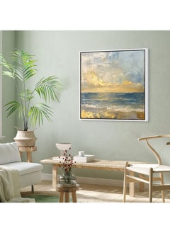 Art Decor Art Decor Framed Canvas Wall Art of Abstract Beach Painting Square Blue and Gold Seascape Print Wall Decor for Home Office Living Room Bedroom Gifting  - Image 3