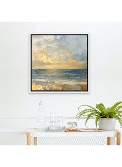 Art Decor Art Decor Framed Canvas Wall Art of Abstract Beach Painting Square Blue and Gold Seascape Print Wall Decor for Home Office Living Room Bedroom Gifting  - Image 2